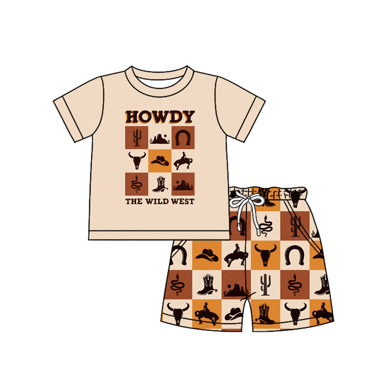 preorder BSSO1531 Western howdy cow rodeo short sleeve brown checkered shorts boys set