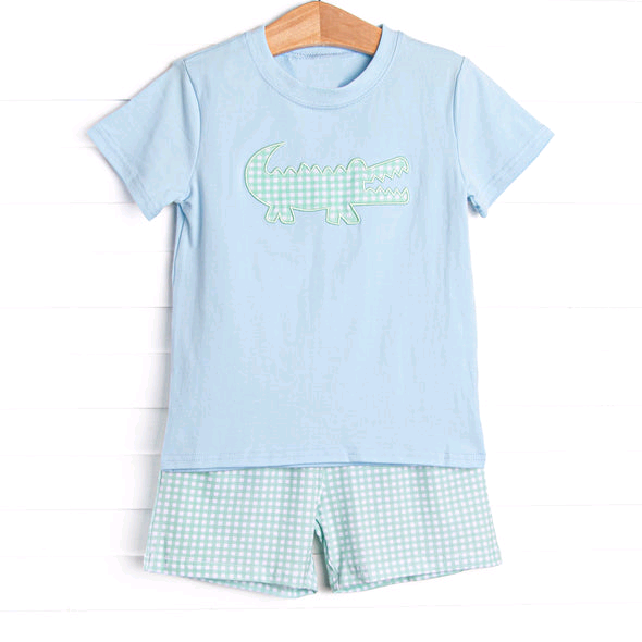 preorder BSSO1534 cartoon crocodile blue short sleeve blue checkered shorts boys set