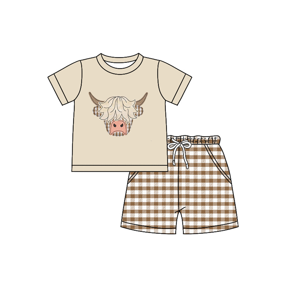 preorder BSSO1536 Western highland cow khaki short sleeve checkered shorts boys set