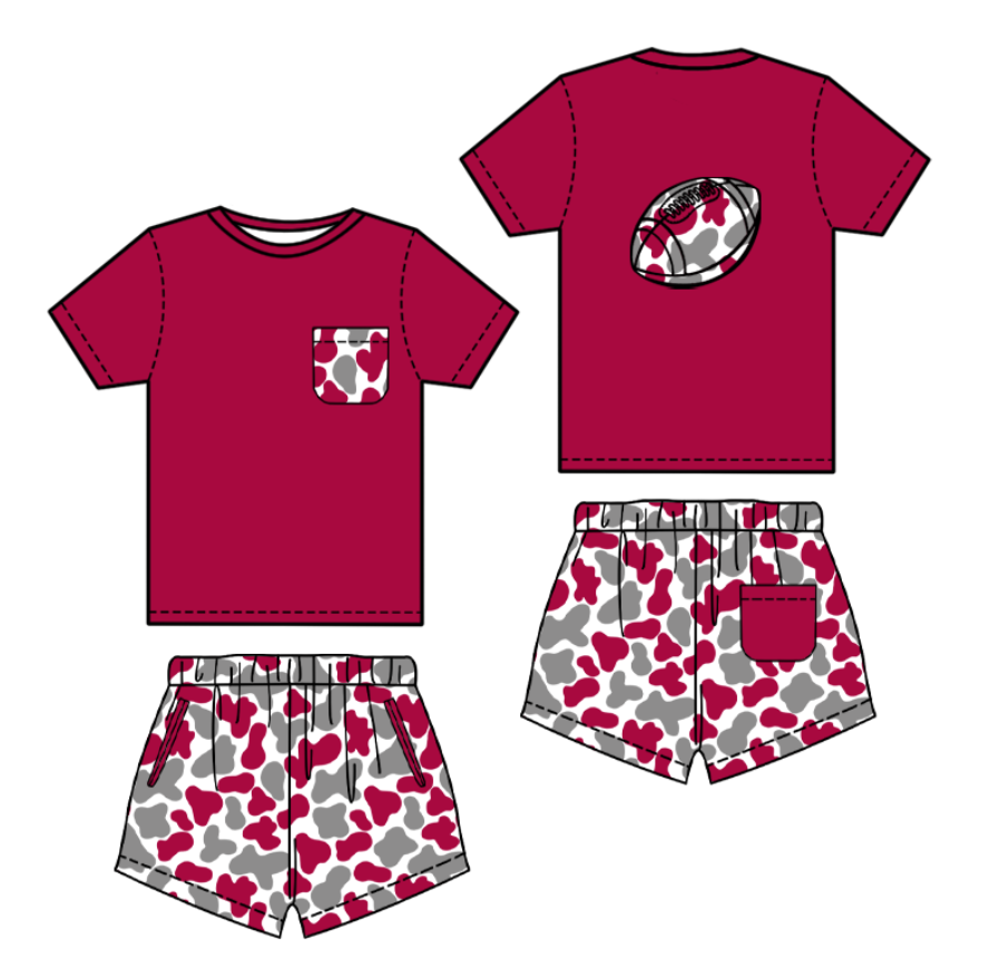 preorder BSSO1553 football dark red pocket short sleeve leopard shorts boys set