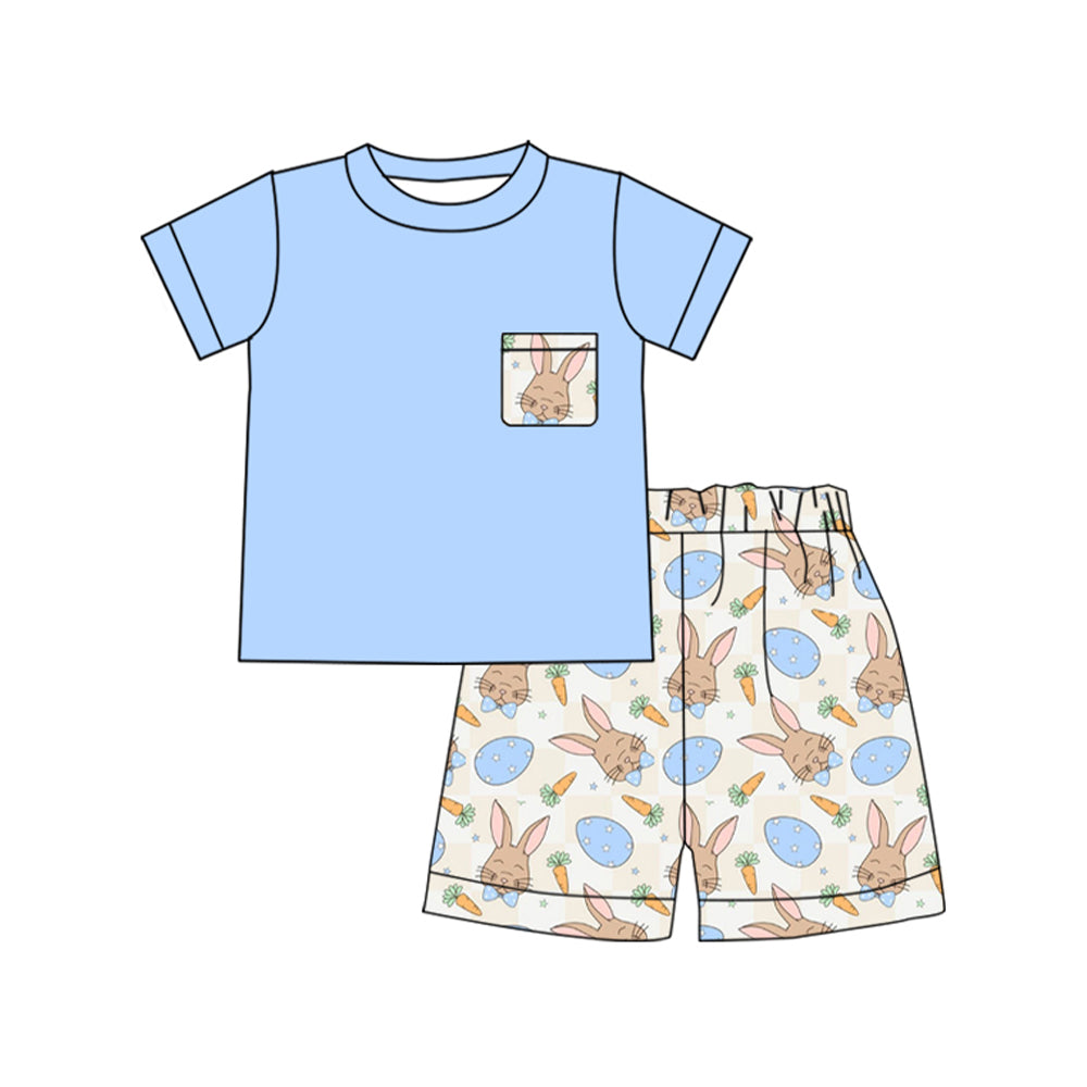 preorder BSSO1561 Easter pocket rabbit bunny carrot blue short sleeve shorts boys set