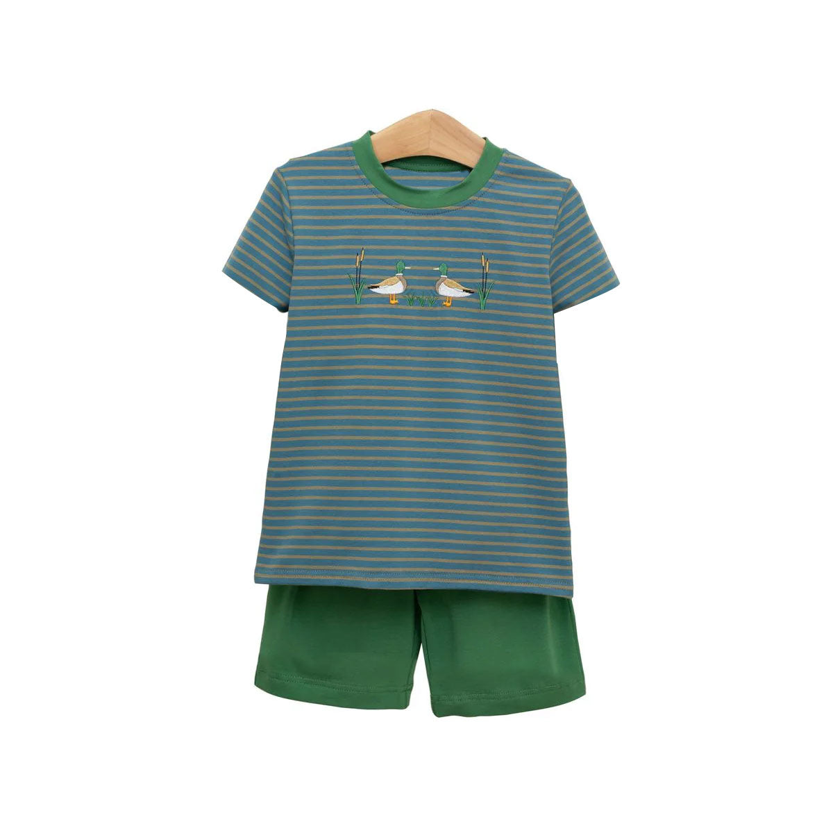 preorder BSSO1568 mallard duck green striped short sleeve green shorts boys set
