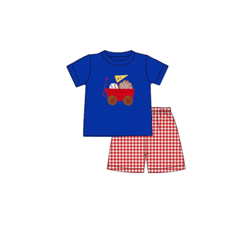 preorder BSSO1569 play baseball blue short sleeve red checkered shorts boys set