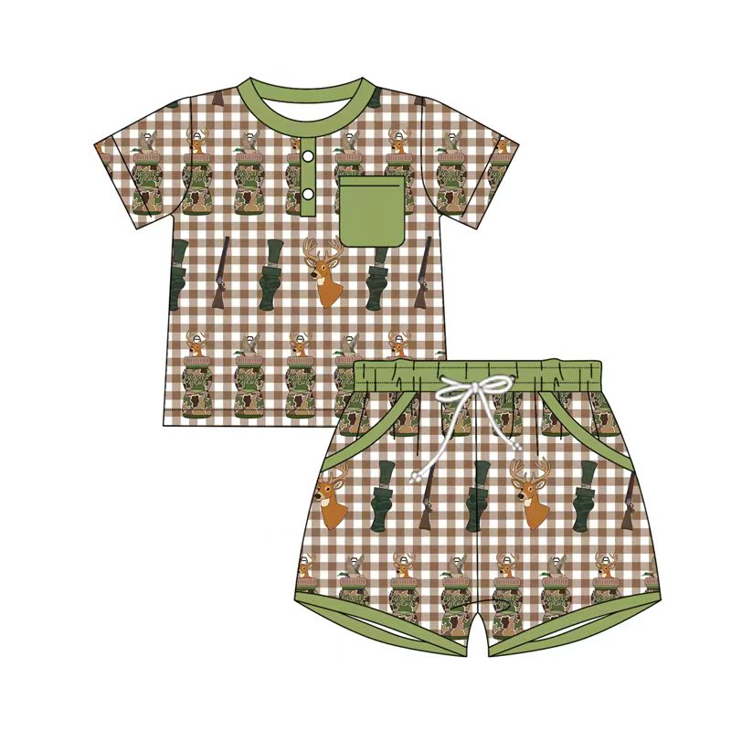 preorder BSSO1574 hunting duck call deer checkered short sleeve shorts boys set