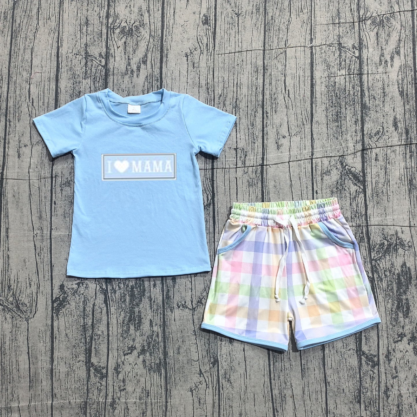 preorder Samples BSSO1605 I love MAMA blue short sleeve colorful checkered shorts boys set