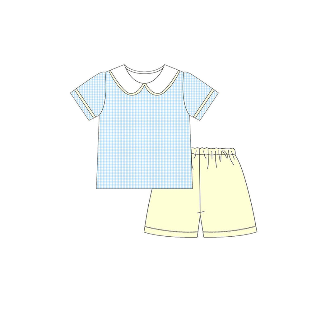 preorder BSSO1607 blue checkered short sleeve yellow shorts boys set