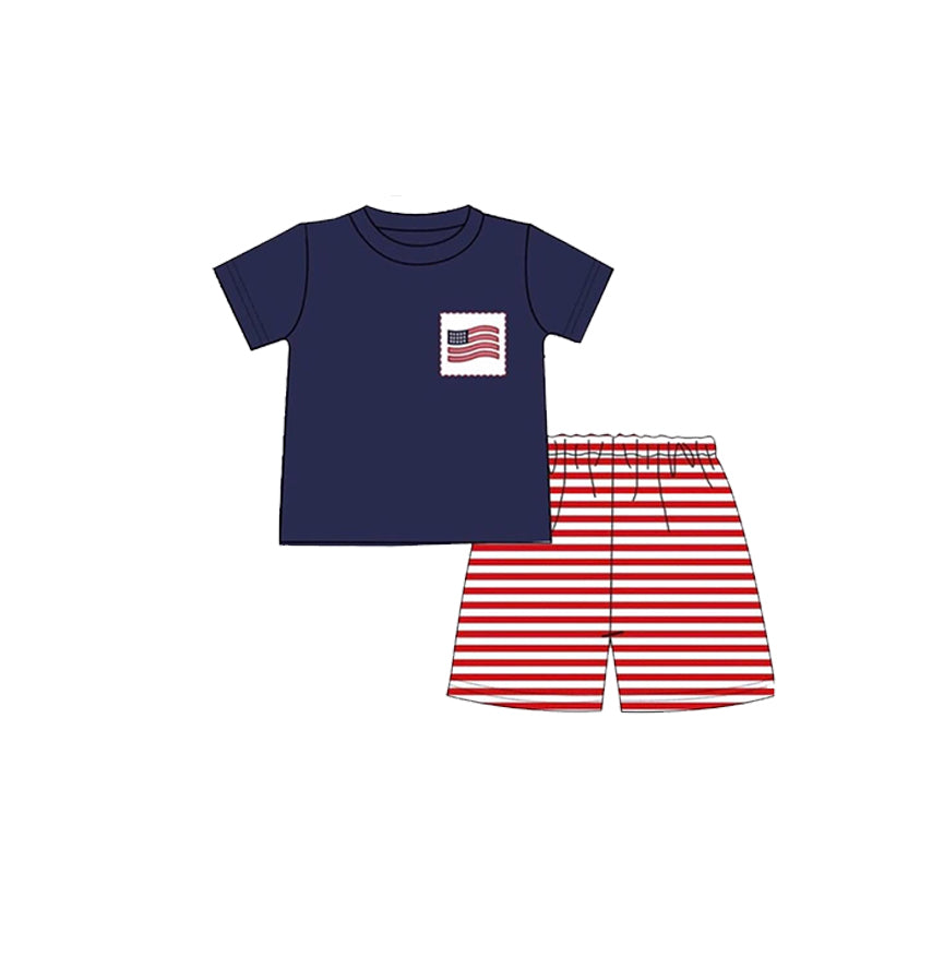 preorder BSSO1609 July 4th flag naby blue short sleeve red striped shorts boys set