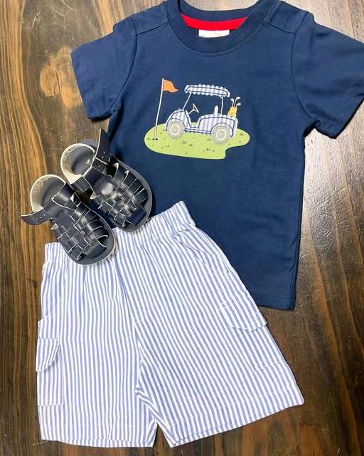 preorder BSSO1615 golf car navy blue short sleeve striped shorts boys set