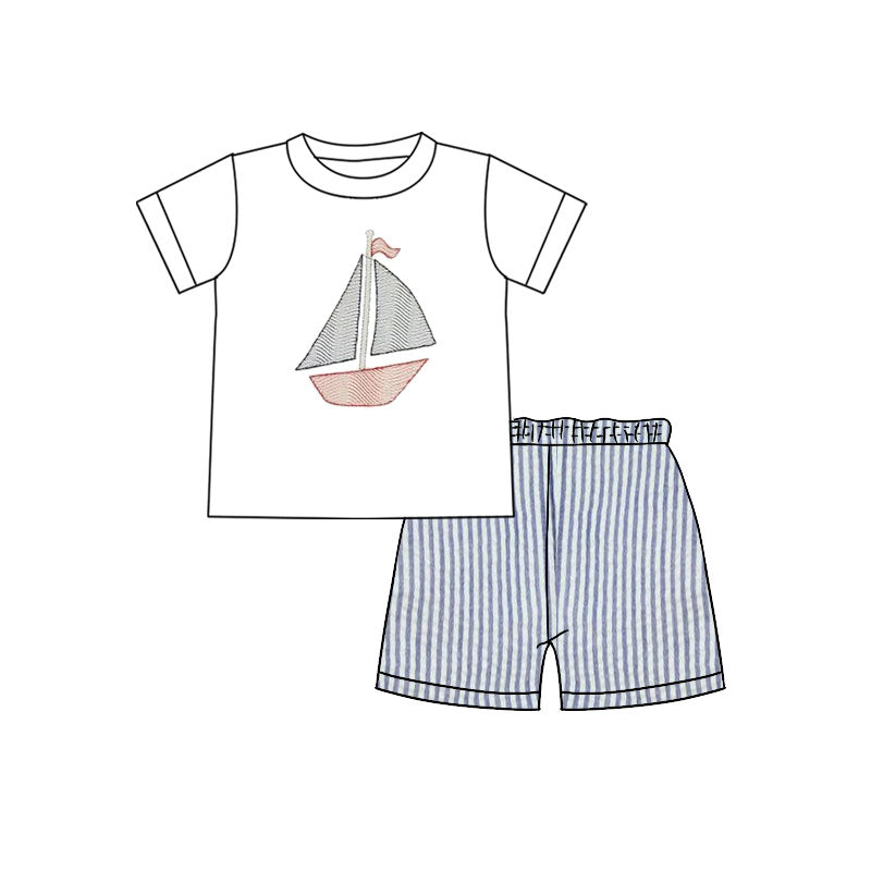 preorder BSSO1630 sailboat short sleeve blue striped shorts boys set