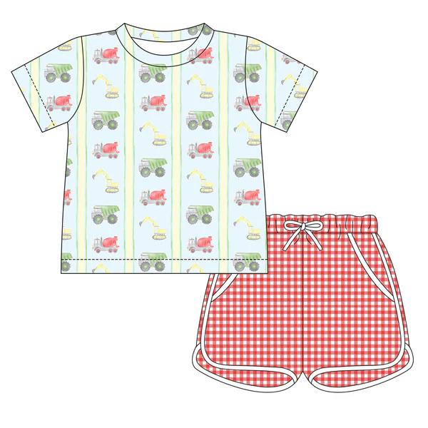 preorder BSSO1634 Construction Truck Short Sleeve Red Checkered Shorts Boys Set