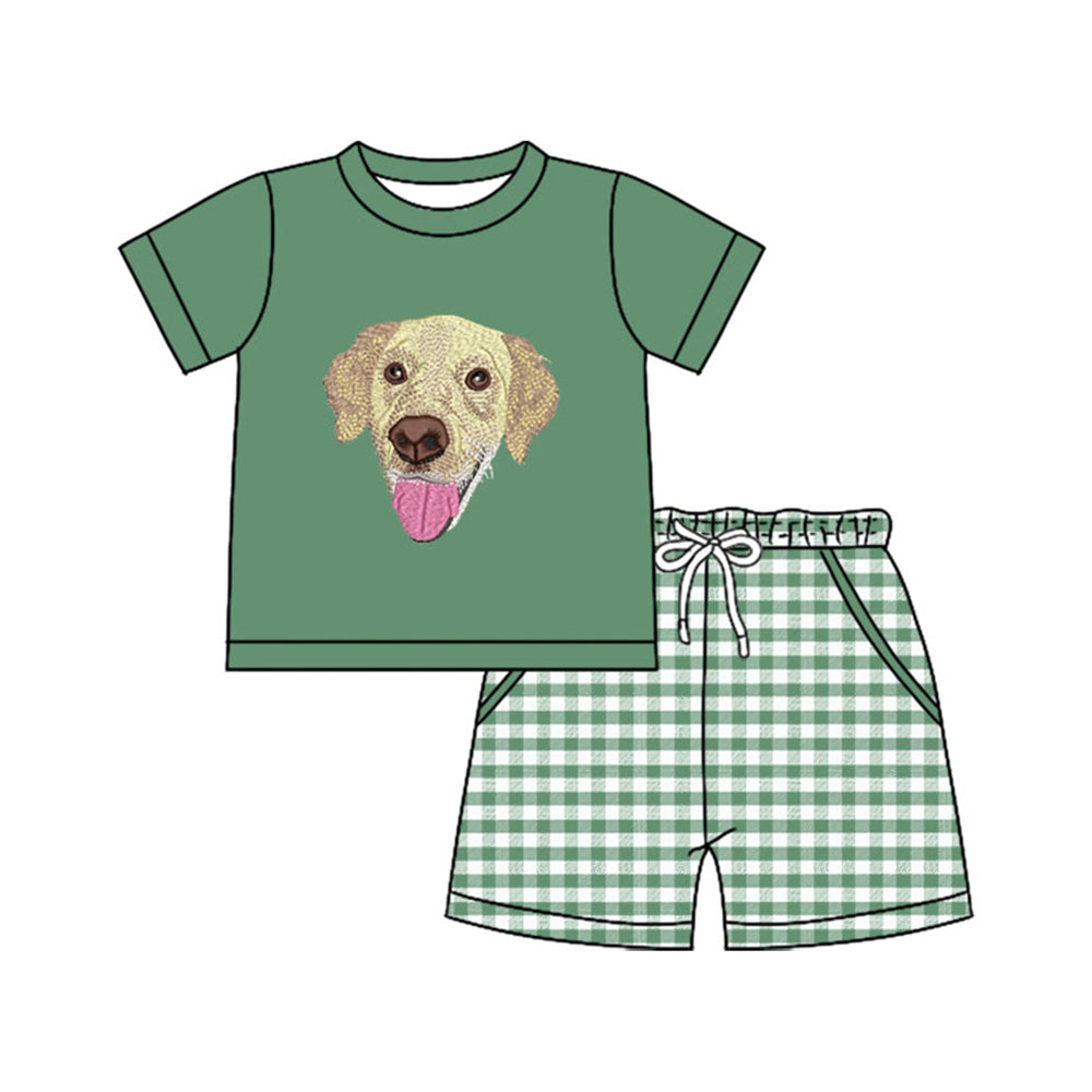 preorder BSSO1635 Cute Dog Pet Green Short Sleeve Checkered Shorts Boys Set