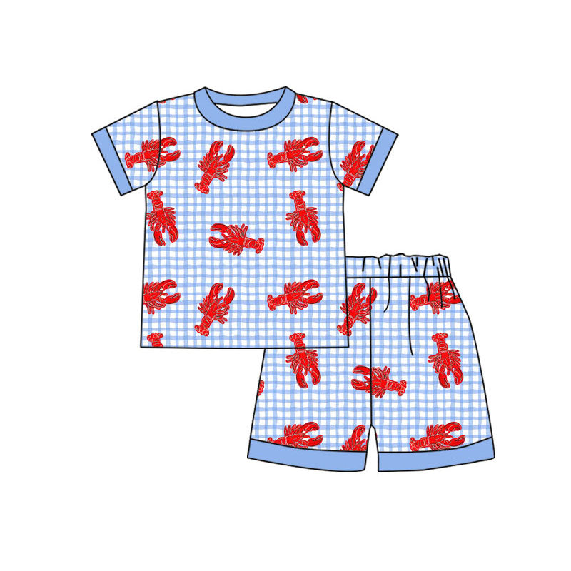 preorder BSSO1644 Red Crayfish Blue Checkered Short Sleeve Shorts Boys Pajamas
