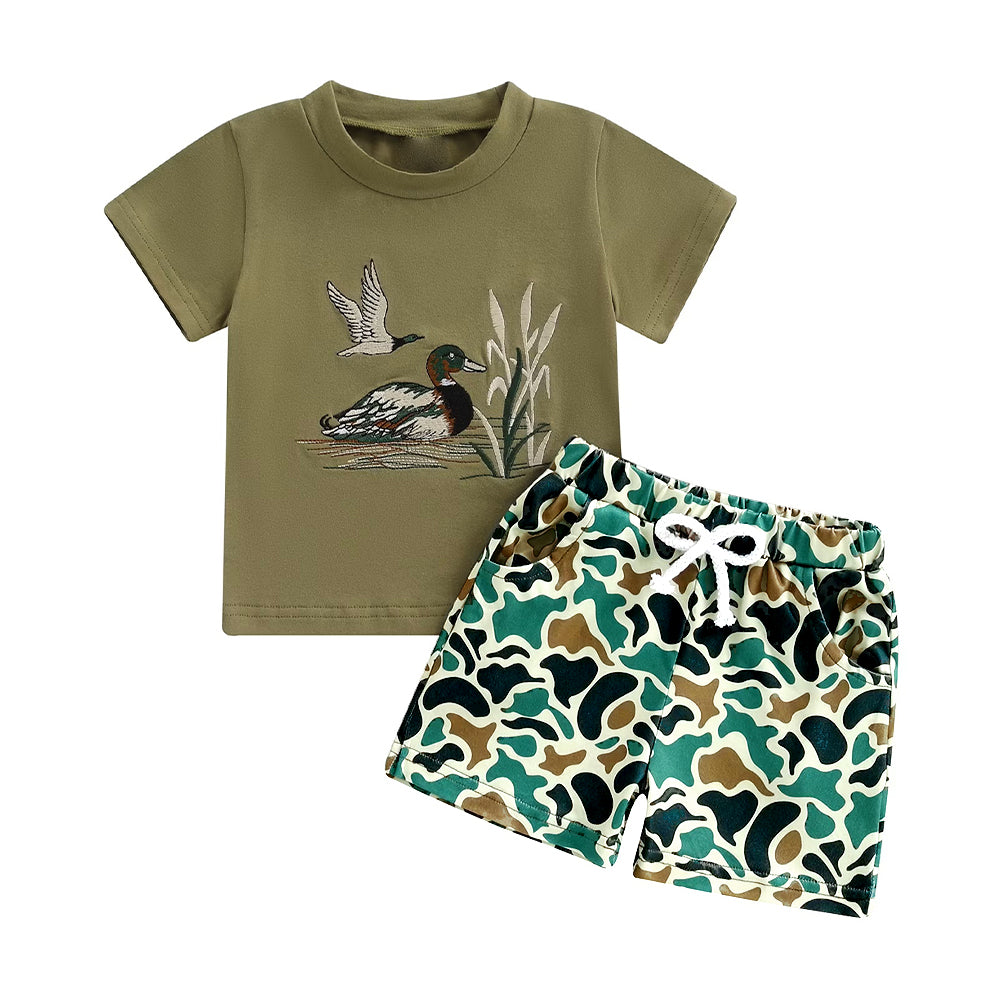 preorder BSSO1659 Hunting Mallard Duck Green Short Sleeve Camo Shorts Boys Set