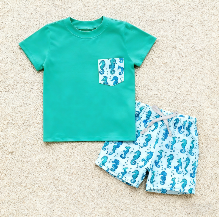 preorder BSSO1665 Seahorse Pocket Green Short Sleeve Shorts Boys Set