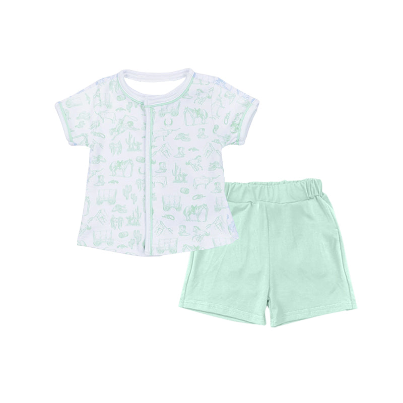 preorder BSSO1681 Western Rodeo Short Sleeve Green Shorts Boys Set