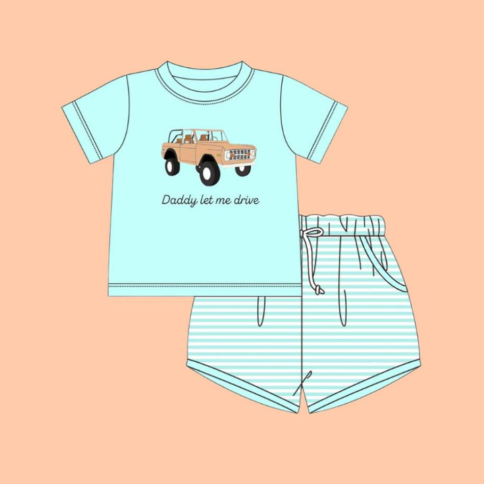 preorder BSSO1704 Daddy Let Me Drive Car Short Sleeve Striped Shorts Boys Set