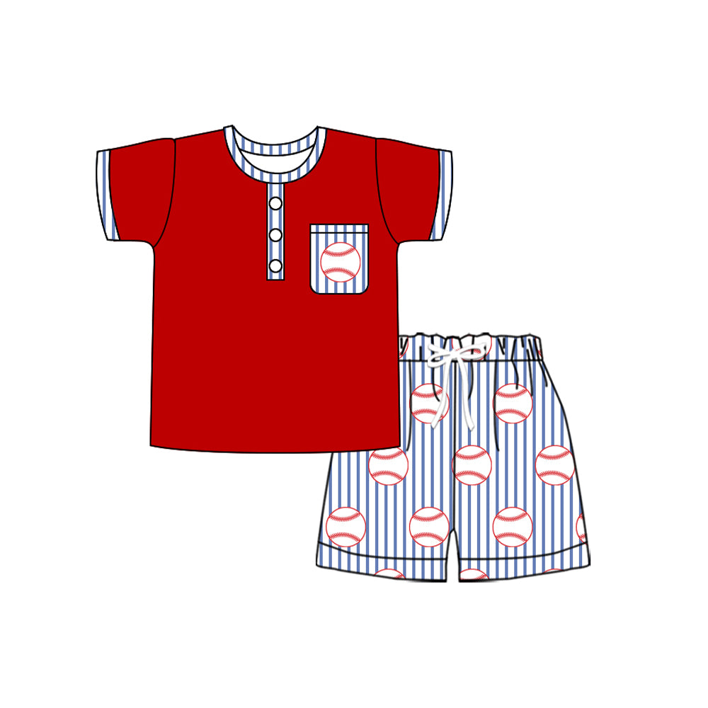 preorder BSSO1712 Baeball Pocket Red Short Sleeve Blue Striped Shorts Boys Set