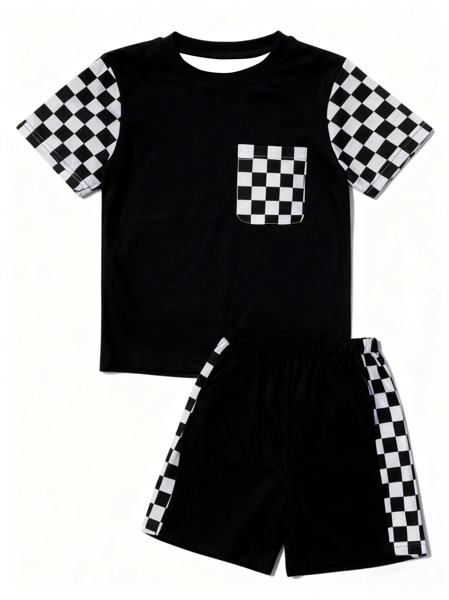 preorder BSSO1739 Black Checkered Pocket Short Sleeve Shorts Boys Set