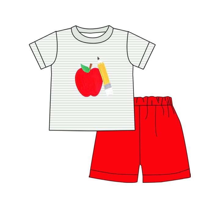 preorder BSSO1743 Back To School Apple Pen Short Sleeve Red Shorts Boys Set