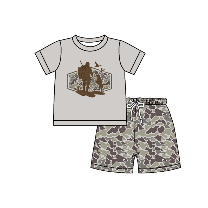 preorder BSSO1748 Hunting Daddy Mallard Duck Dog Short Sleeve Camo Shorts Boys Set