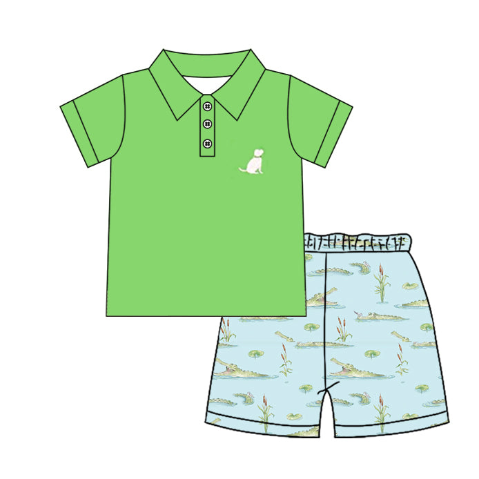 preorder BSSO1758 Dog Green Short Sleeve Blue Shorts Boys Set