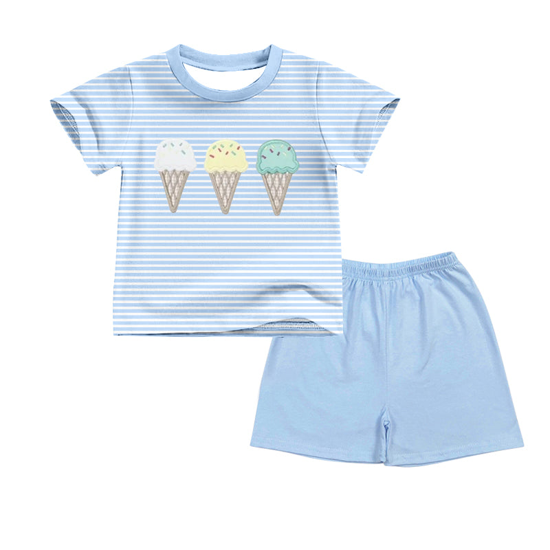 preorder BSSO1759 Ice Blue Striped Short Sleeve Blue Shorts Boys Set