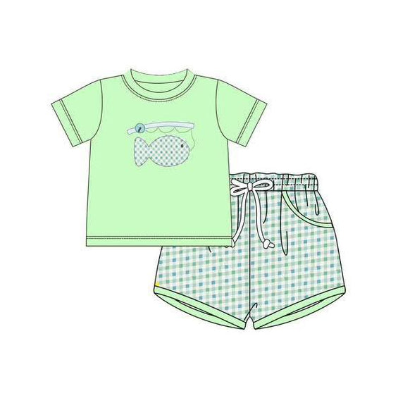 preorder BSSO1761 Fishing Mint Green Short Sleeve Checkered Shorts Boys Set