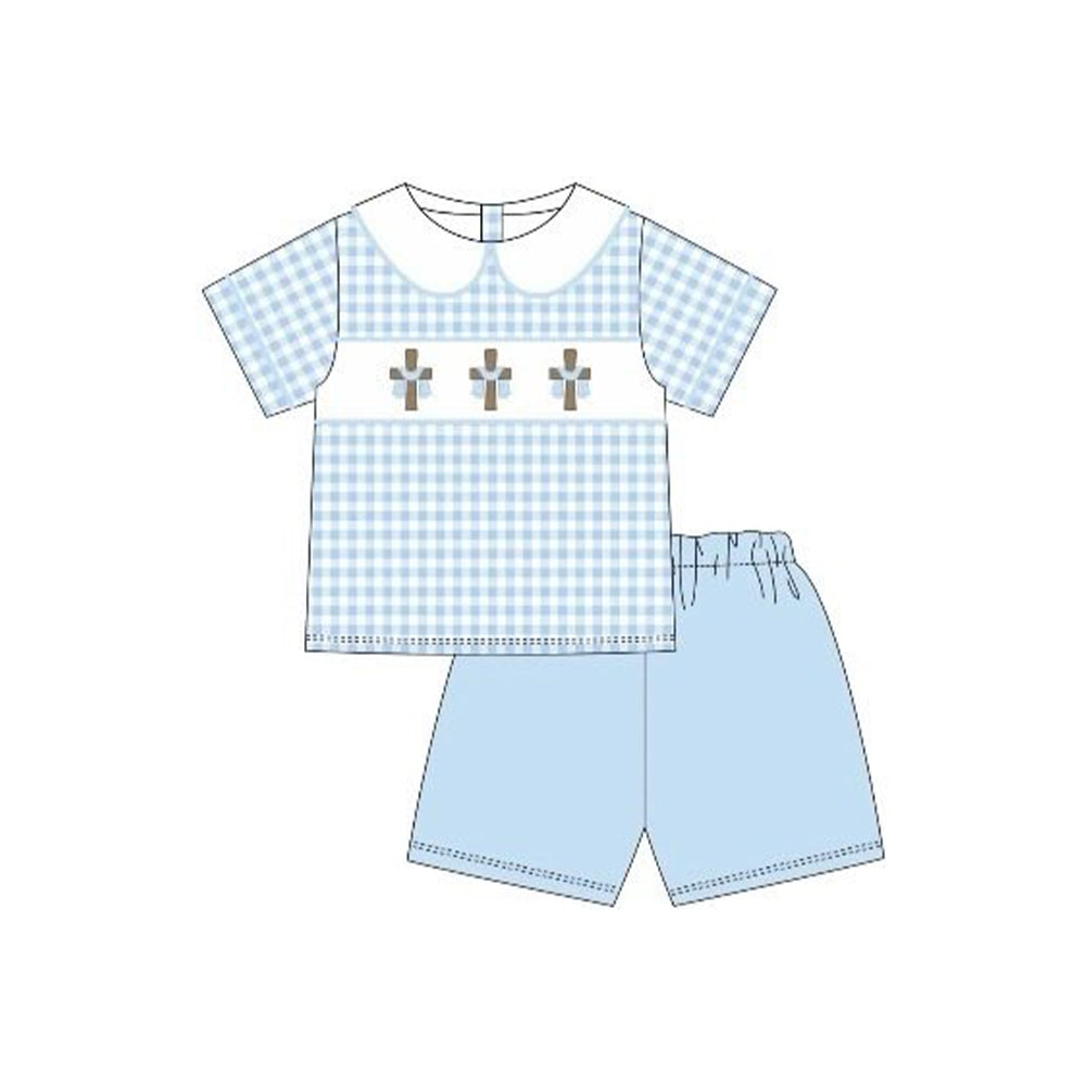 preorder BSSO1765 Easter Cross Blue Checkered Short Sleeve Blue Shorts Boys Set