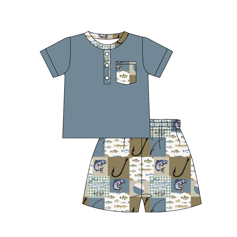 preorder BSSO1784 Fishing Blue Pocket Short Sleeve Shorts Boys Set
