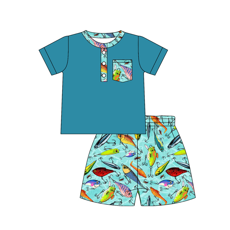preorder BSSO1785 Fishing Blue Pocket Short Sleeve Shorts Boys Set