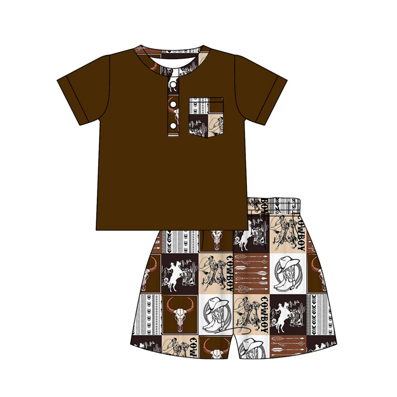 preorder BSSO1789 Western Cow Rodeo Brown Pocket Short Sleeve Shorts Boys Set