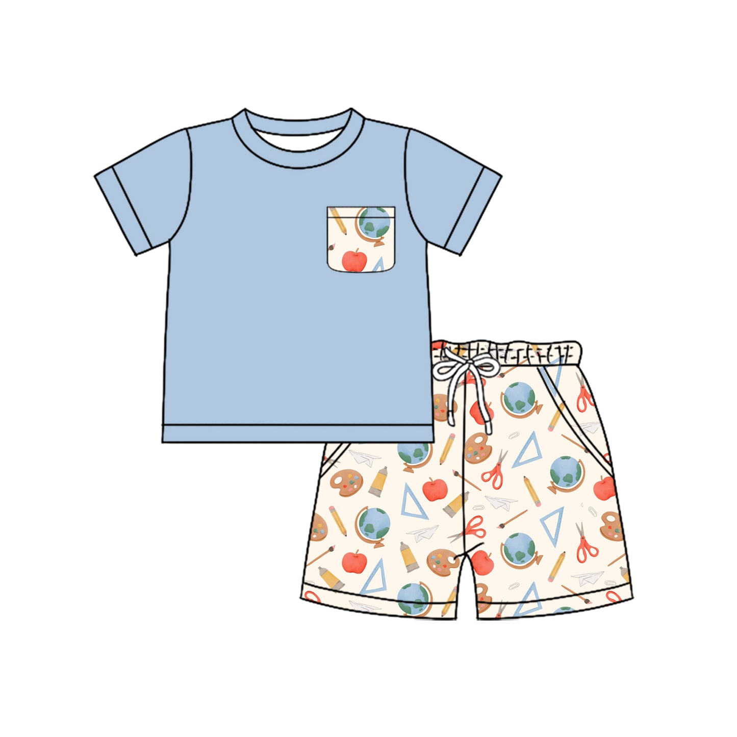 preorder BSSO1799 Back To School Pocket Blue Short Sleeve Shorts Boys Set