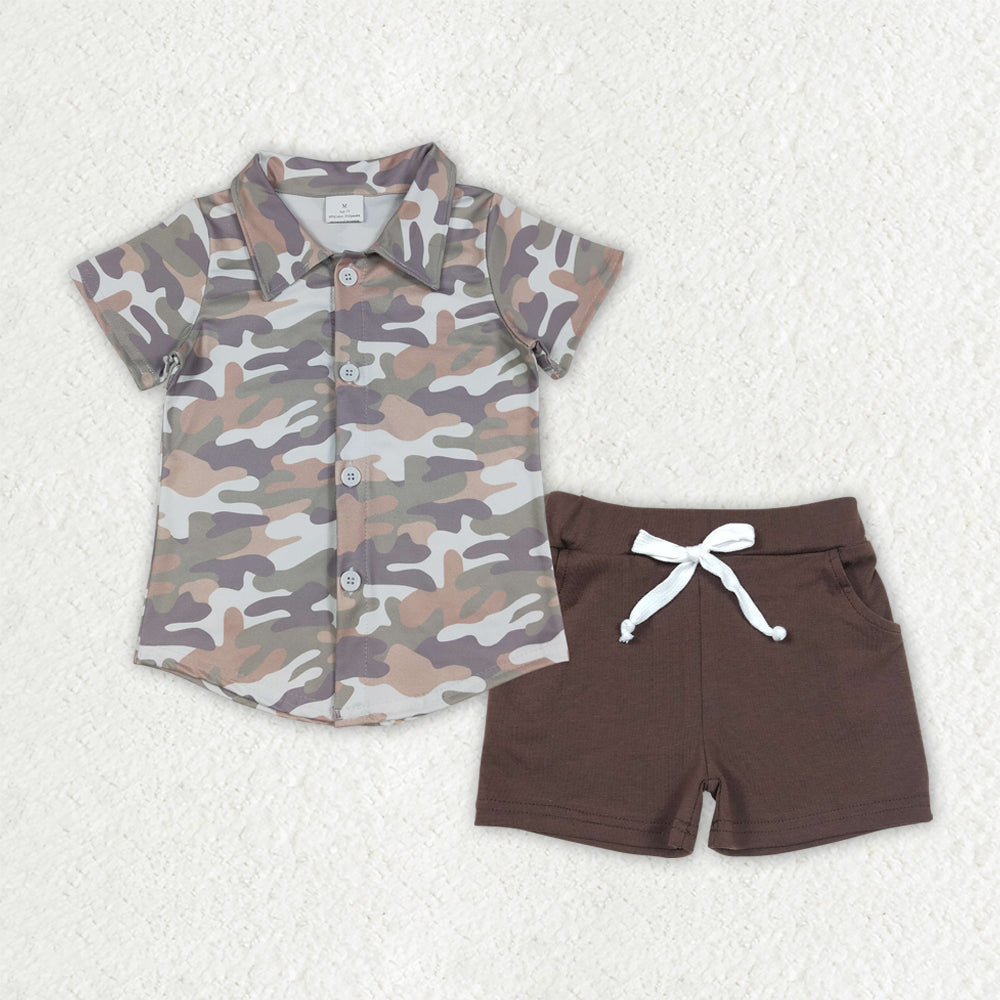 BSSO1804 Hunting Camo Short Sleeve Brown Shorts Boys Set