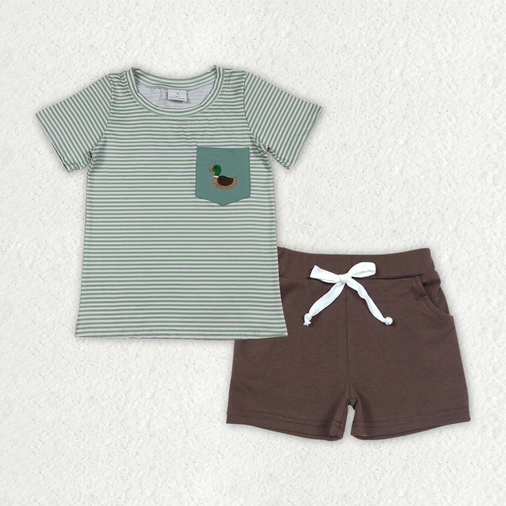 BSSO1807 Mallard Duck Pocket Short Sleeve Brown Shorts Boys Set