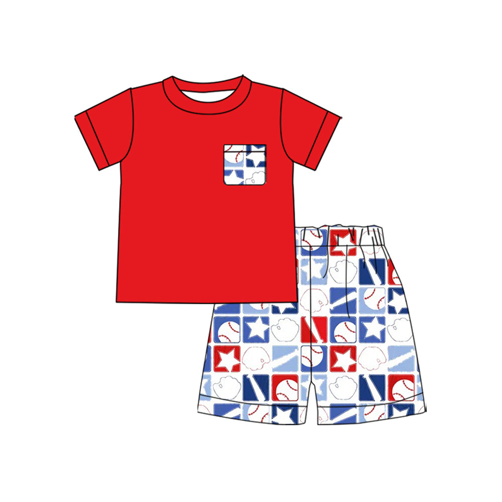 preorder BSSO1820 July 4th Baseball Red Pocket Short Sleeve Shorts Boys Set