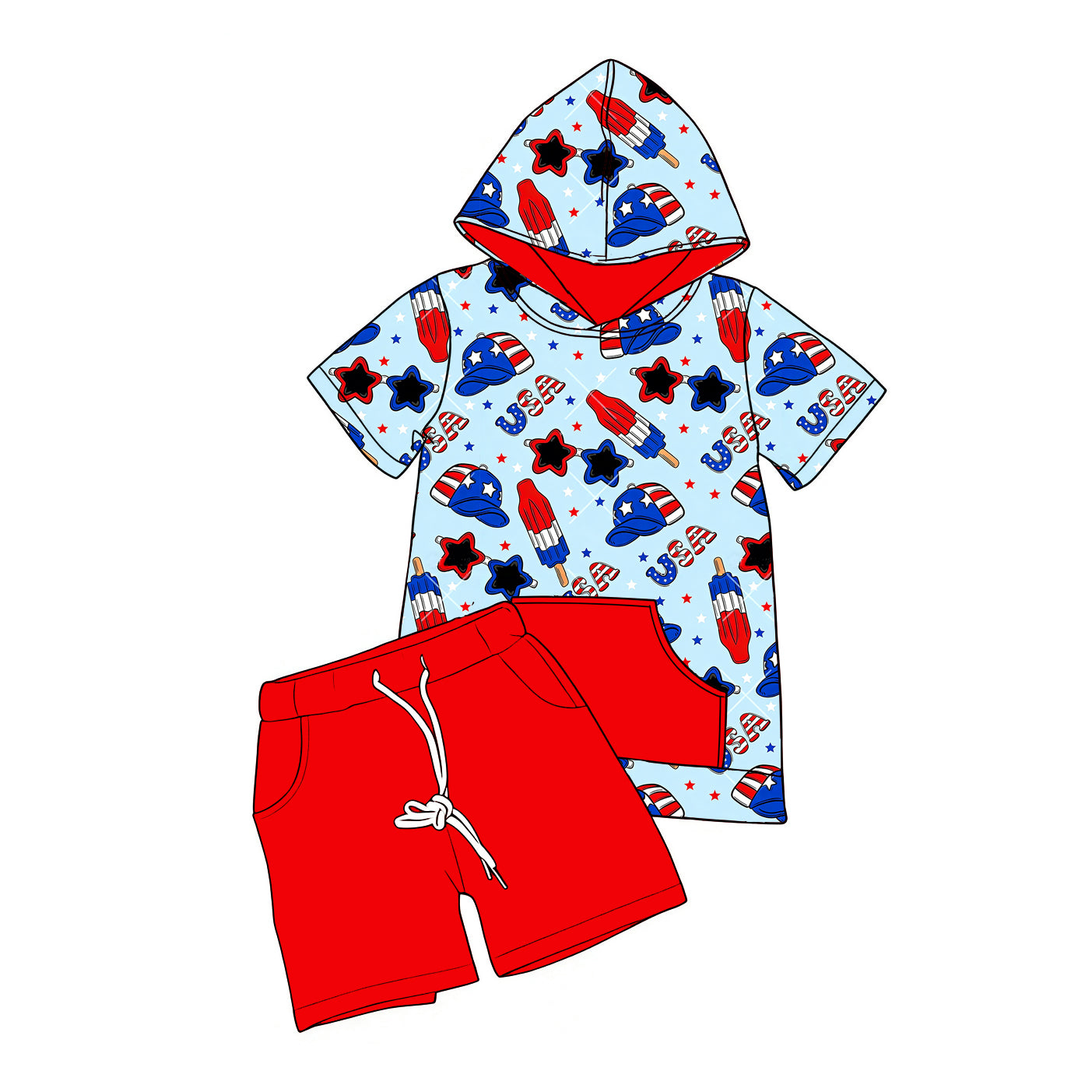 preorder BSSO1821 July 4th Star Red Pocket Short Sleeve Hoodie Shorts Boys Set