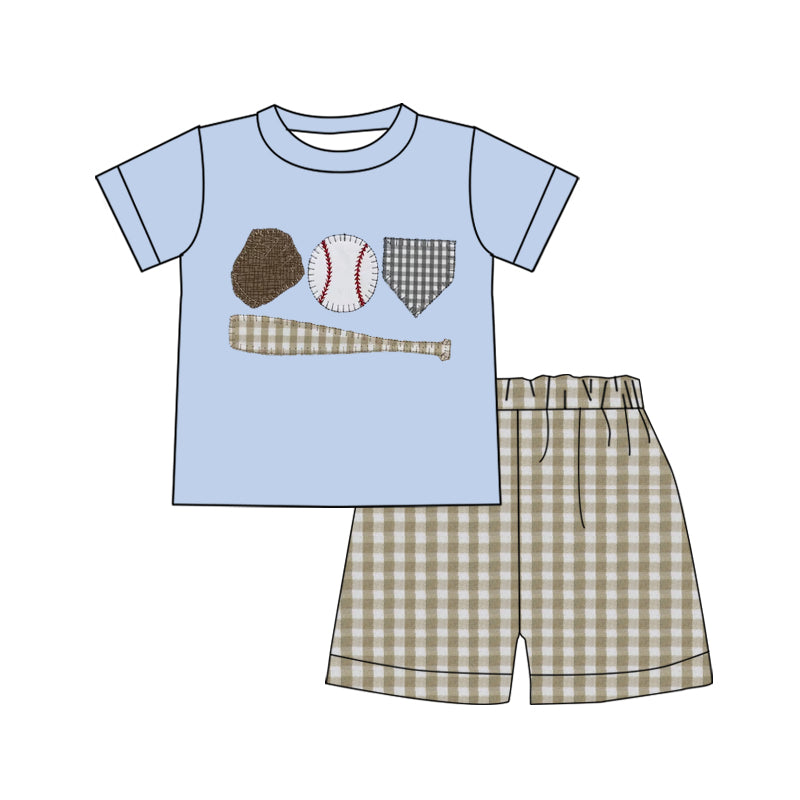 preorder BSSO1853 Baseball Blue Short Sleeve Checkered Shorts Boys Set