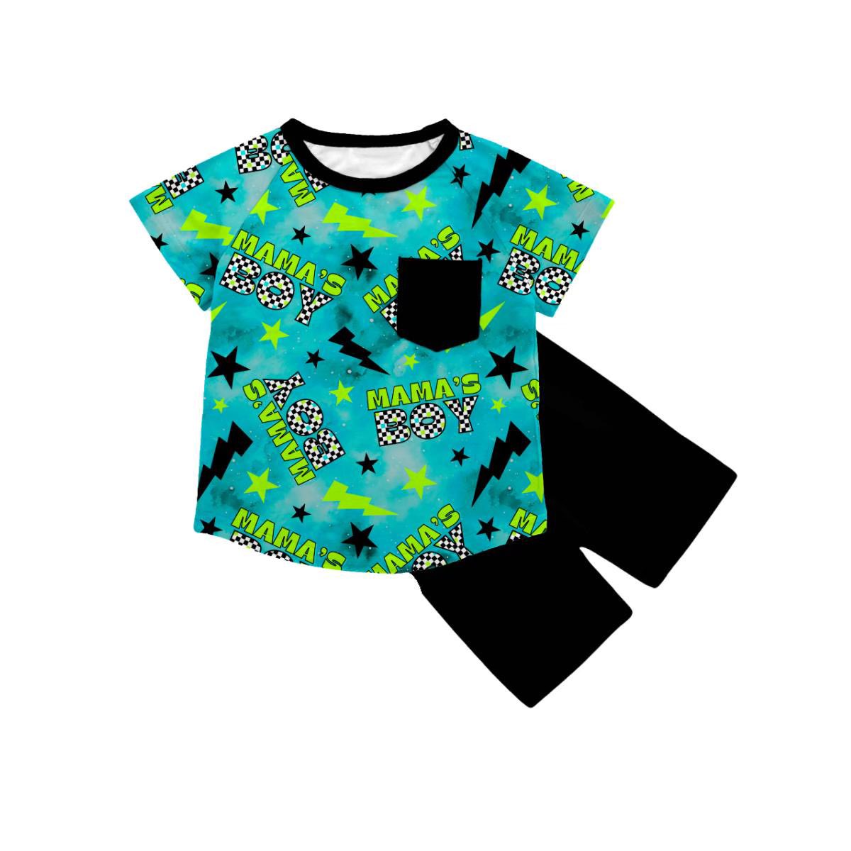 preorder BSSO1854 Mama's Boy Pocket Blue Short Sleeve Black Shorts Boys Set