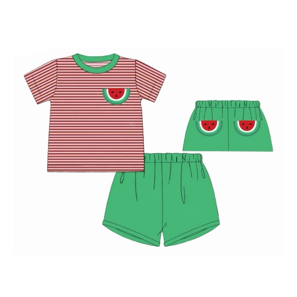 preorder BSSO1865 Watermelon Red Striped Short Sleeve Green Shorts Boys Set