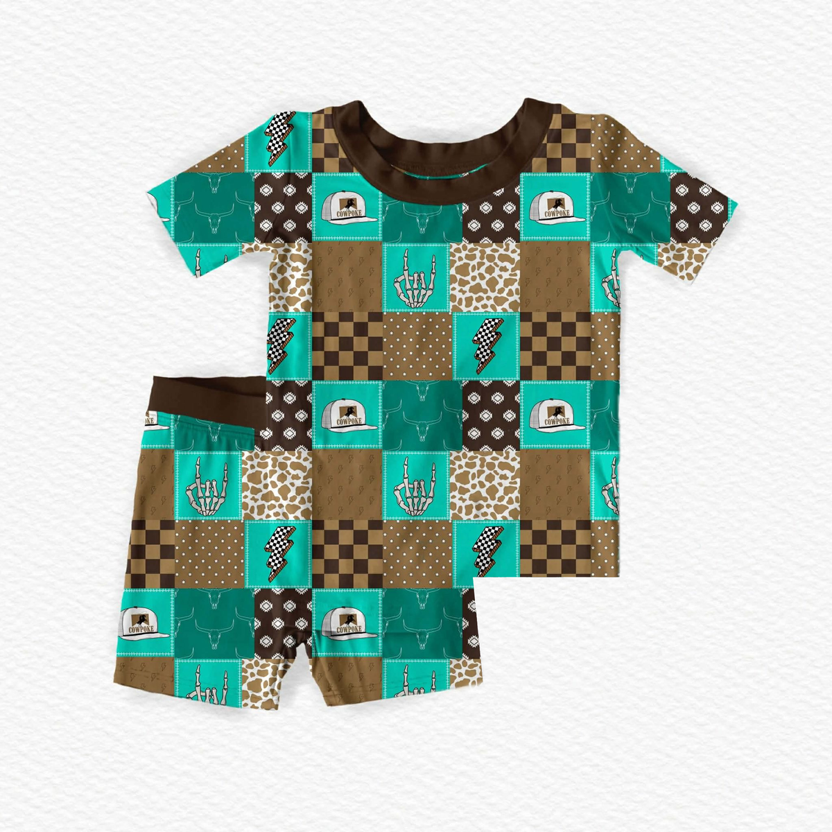preorder BSSO1870 Western Aztec Green Short Sleeve Shorts Boys Set