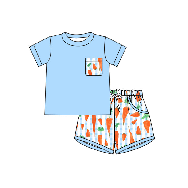 preorder BSSO1872 Easter Carrot Blue Pocket Short Sleeve Shorts Boys Set