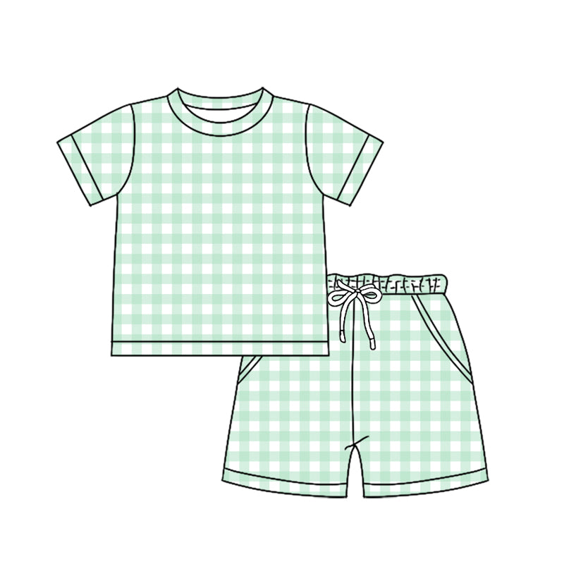preorder BSSO189 Green Checkered Short Sleeve Shorts Boys Set