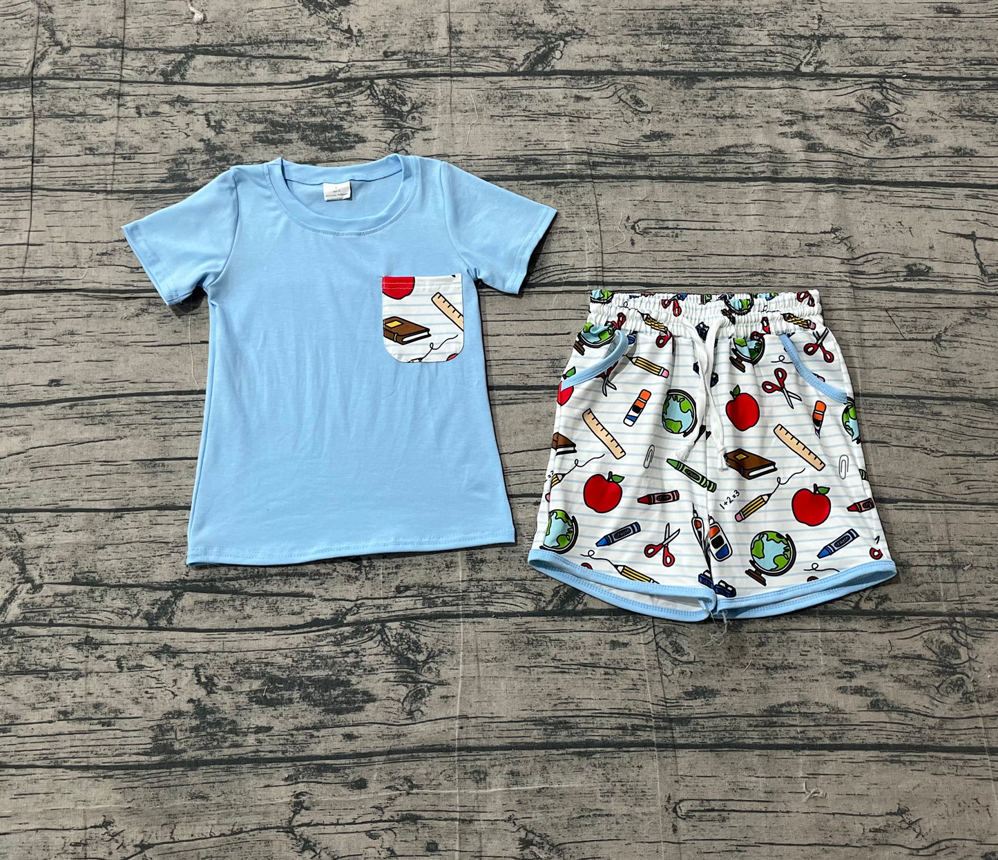 preorder Samples BSSO1921 Back To School Pocket Blue Short Sleeve Shorts Boys Set