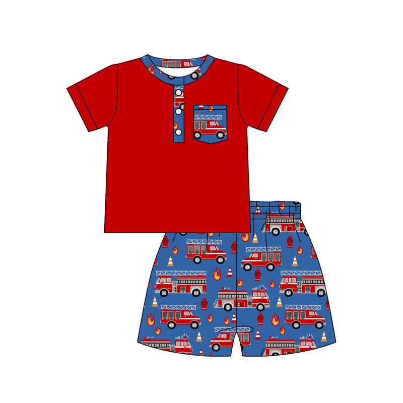 preorder BSSO1923 Firetruck Red Pocket Short Sleeve Blue Shorts Boys Set
