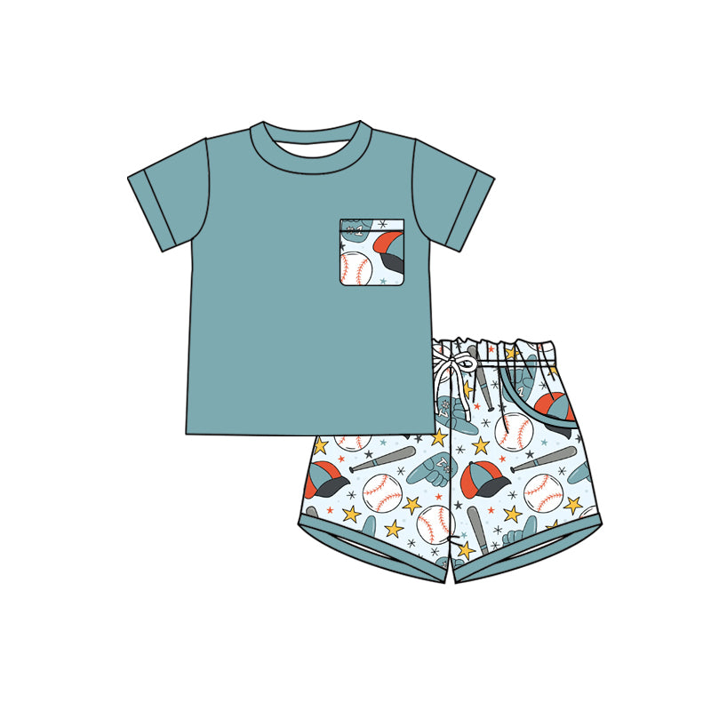 preorder BSSO1924 Baseball Blue Pocket Short Sleeve Shorts Boys Set
