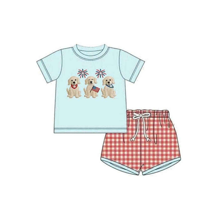 preorder BSSO1934 July 4th Firework Dog Blue Short Sleeve Red Checkered Shorts Boys Set