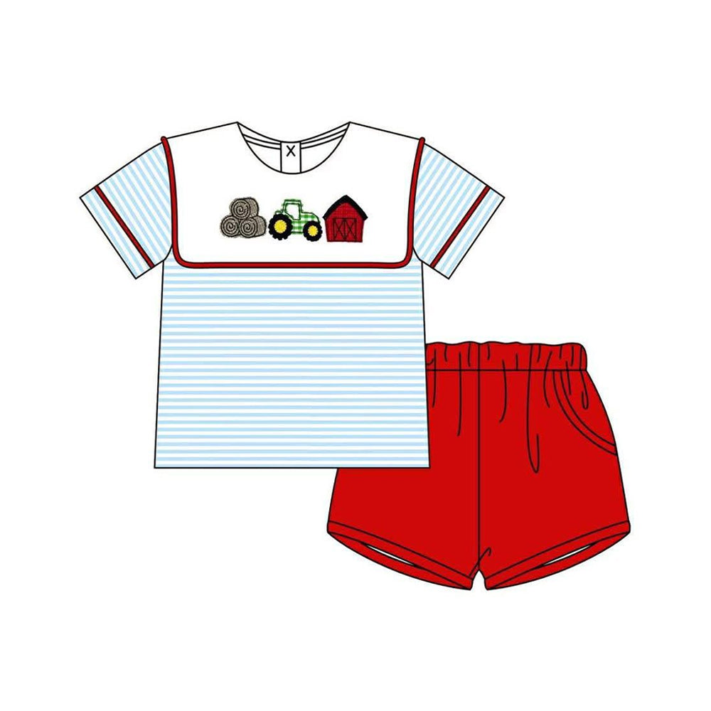 preorder BSSO1939 Farm Blue Striped Short Sleeve Red Shorts Boys Set