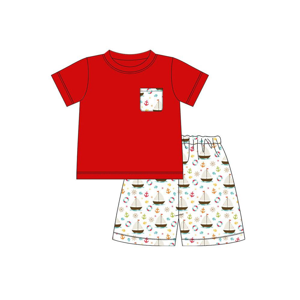 preorder BSSO1944 Sailboat Red Pocket Short Sleeve Shorts Boys Set