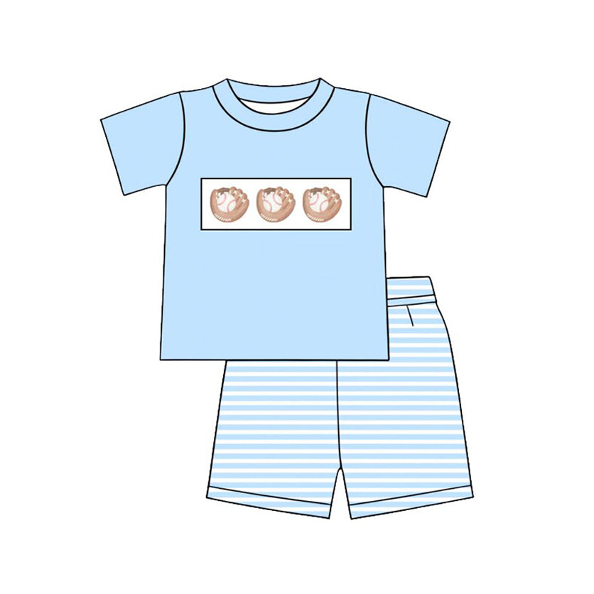 preorder BSSO1945 Baseball Blue Short Sleeve Striped Shorts Boys Set