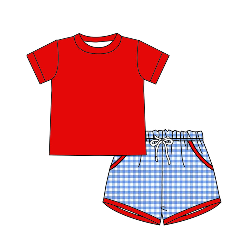 preorder BSSO1948 July 4th Red Short Sleeve Blue Checkered Shorts Boys Set